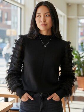 SIONI MILANO Ruffle Mock Neck Sweater Tiered Fringe Sheer L-Sleeve Black M
